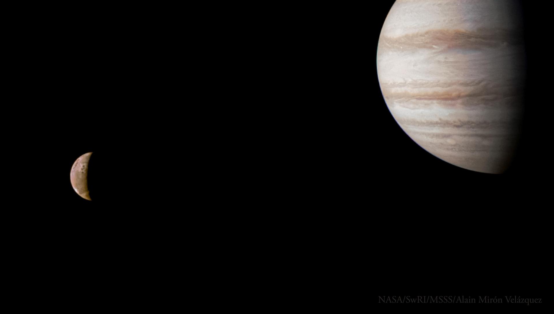 Just hours before NASA's Juno mission completed its 53rd close flyby of Jupiter on July 31, 2023, the spacecraft sped past the planet's volcanic moon Io and captured this dramatic view of both bodies in the same frame.